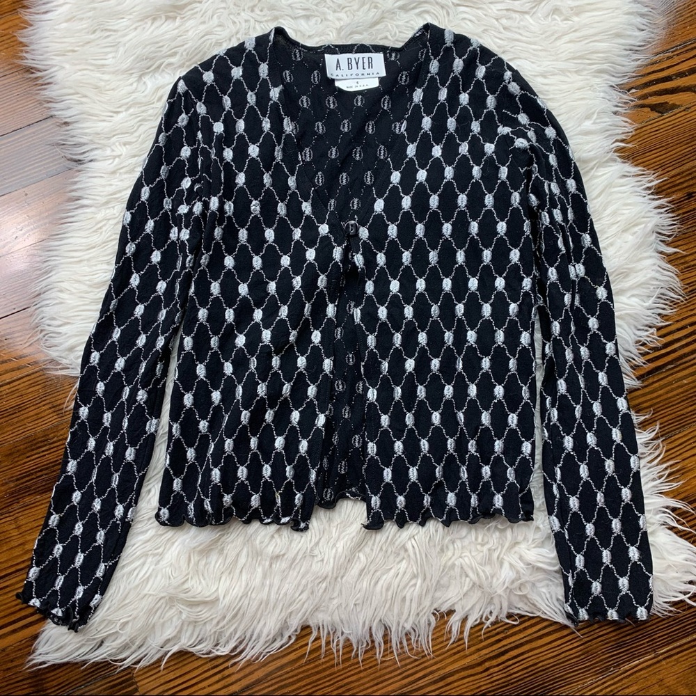 90s Y2K Vintage A Byer Semi Sheer Mesh Frill Trim Single Button Cardigan Top